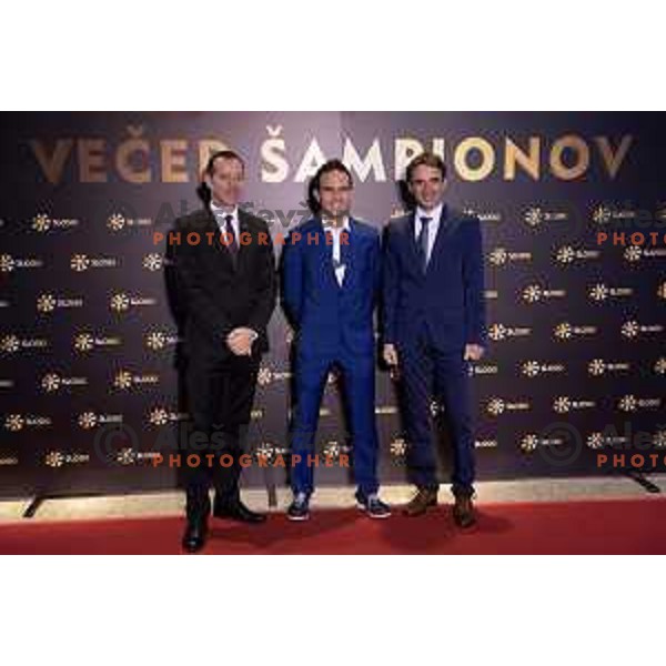 Enzo Smrekar, Jernej Damjan and Franci Petek on red carpet before Night of the Champions in hotel Union, Ljubljana, Slovenia on May 16, 2019