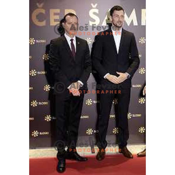 Enzo Smrekar and Jakov Fak on red carpet before Night of the Champions in hotel Union, Ljubljana, Slovenia on May 16, 2019