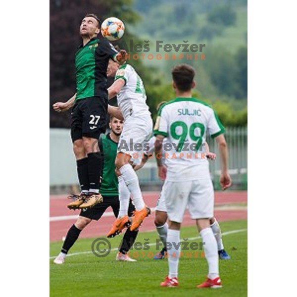 David Arap, Stefan Savic in action during Prva liga Telekom Slovenije football match between Rudar and Olimpija, Stadion ob Jezeru, Velenje, Slovenia on May 18, 2019