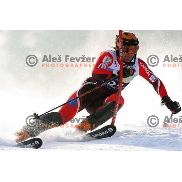Miha Kuerner skiing in first run of Europa Cup slalom in Kranjska gora, Slovenia 15.2.2008 
