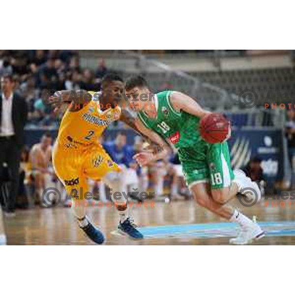 Roko Badzim and Corin Henry in action during first game in The Final of Nova KBM League basketball match between Sixt Primorska and Petrol Olimpija in Bonifika Arena,Koper, Slovenia on May 18, 2019
