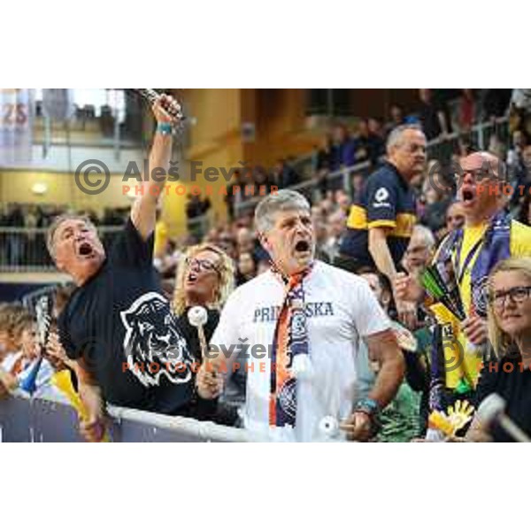 Fans of Sixt in action during first game of there Final of Nova KBM League basketball match between Sixt Primorska and Petrol Olimpija in Bonifika Arena,Koper, Slovenia on May 18, 2019