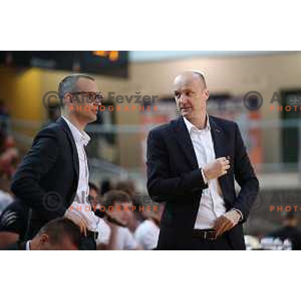 Gasper Potocnik and Jure Zdovc during first game of there Final of Nova KBM League basketball match between Sixt Primorska and Petrol Olimpija in Bonifika Arena,Koper, Slovenia on May 18, 2019