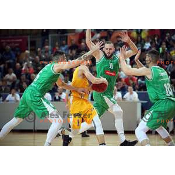 Tadej Ferme and Bojan Radulovic in action during first game of there Final of Nova KBM League basketball match between Sixt Primorska and Petrol Olimpija in Bonifika Arena,Koper, Slovenia on May 18, 2019