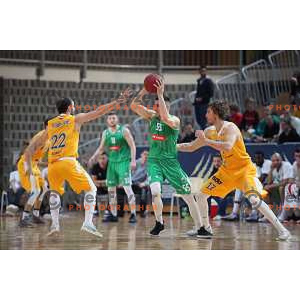 Daniel Vujasinovic, Erjon Kastrati and Ivan Marinkovic in action during first game of there Final of Nova KBM League basketball match between Sixt Primorska and Petrol Olimpija in Bonifika Arena,Koper, Slovenia on May 18, 2019