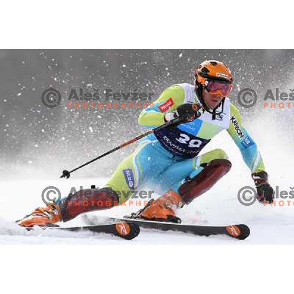 Mitja Valencic skiing in first run of Europa Cup slalom in Kranjska gora, Slovenia 15.2.2008 