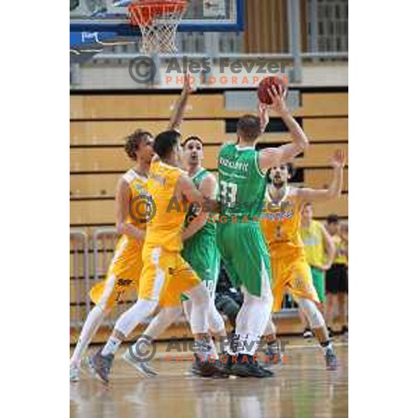 Marjan Cakarun and Bojan Radulovic in action during first game of there Final of Nova KBM League basketball match between Sixt Primorska and Petrol Olimpija in Bonifika Arena,Koper, Slovenia on May 18, 2019