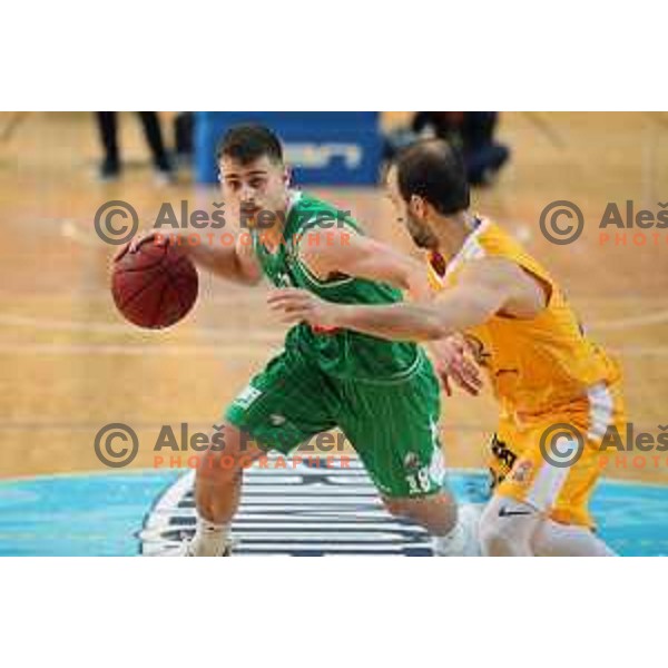 Roko Badzim and Daniel Vujasinovic in action during first game of there Final of Nova KBM League basketball match between Sixt Primorska and Petrol Olimpija in Bonifika Arena,Koper, Slovenia on May 18, 2019