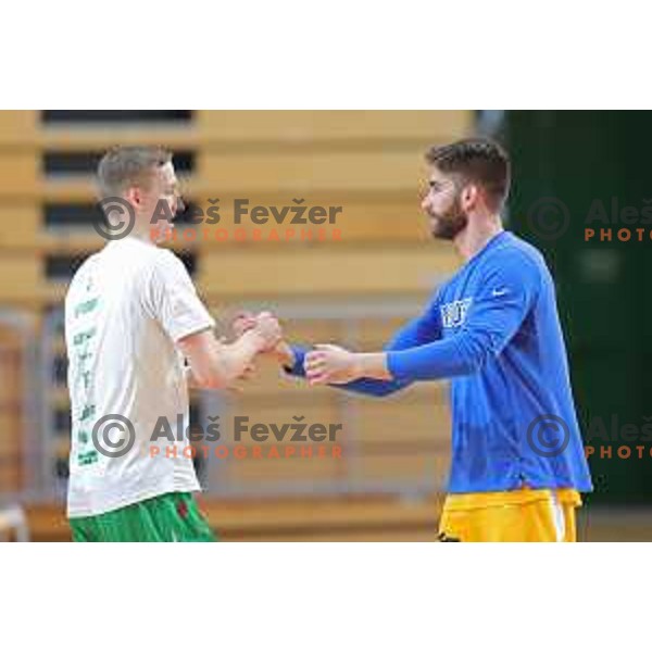 Miha Lapornik and Alen Hodzic before first game in The Final of Nova KBM League basketball match between Sixt Primorska and Petrol Olimpija in Bonifika Arena,Koper, Slovenia on May 18, 2019
