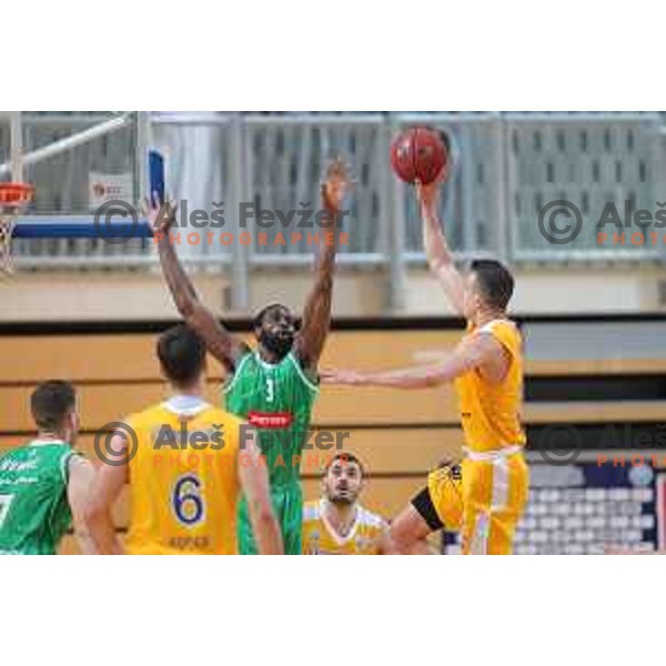 Marvin Jones and Zan Mark Sisko in action during first game of the Final of Nova KBM League basketball match between Sixt Primorska and Petrol Olimpija in Bonifika Arena,Koper, Slovenia on May 18, 2019