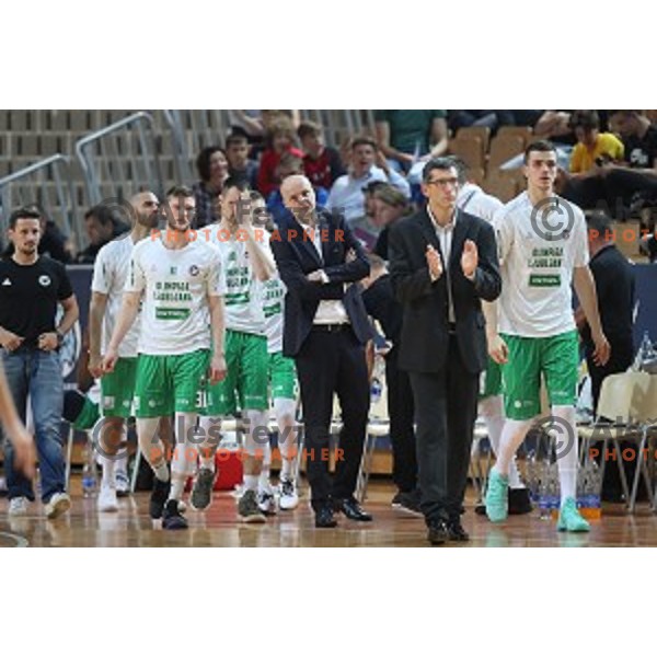 Jan Rebec, Domen Lorbek, Jure Zdovc during first game of the Final of Nova KBM League basketball match between Sixt Primorska and Petrol Olimpija in Bonifika Arena,Koper, Slovenia on May 18, 2019