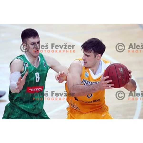 Aleksandar Lazic and Marjan Cakarun in action during first game of the Final of Nova KBM League basketball match between Sixt Primorska and Petrol Olimpija in Bonifika Arena,Koper, Slovenia on May 18, 2019