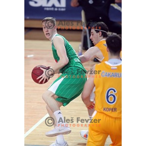 Miha Lapornik and Luka Voncina in action during first game of the Final of Nova KBM League basketball match between Sixt Primorska and Petrol Olimpija in Bonifika Arena,Koper, Slovenia on May 18, 2019