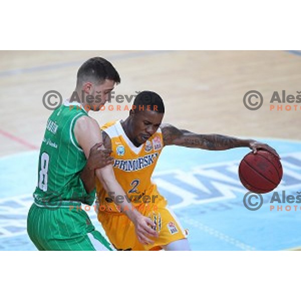 Roko Badzim and Corin Henry in action during first game in The Final of Nova KBM League basketball match between Sixt Primorska and Petrol Olimpija in Bonifika Arena,Koper, Slovenia on May 18, 2019