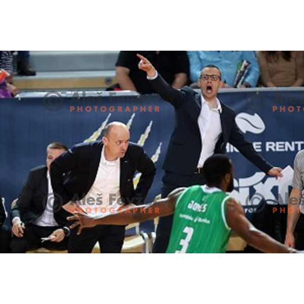Jure Zdovc and Gasper Potocnik during first game of the Final of Nova KBM League basketball match between Sixt Primorska and Petrol Olimpija in Bonifika Arena,Koper, Slovenia on May 18, 2019