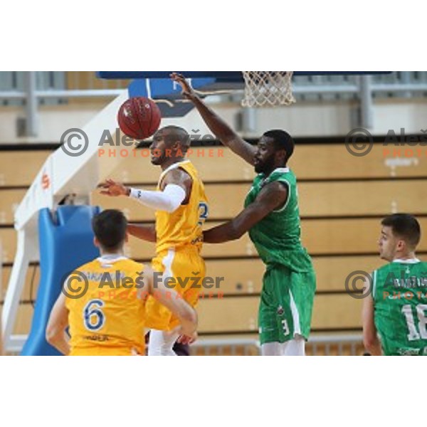 Lance Harris and Marvin Jones in action during first game of the Final of Nova KBM League basketball match between Sixt Primorska and Petrol Olimpija in Bonifika Arena,Koper, Slovenia on May 18, 2019
