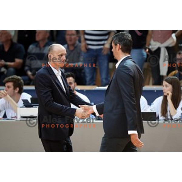 Jure Zdovc and Jurica Golemac shake hands after first game of the Final of Nova KBM League basketball match between Sixt Primorska and Petrol Olimpija in Bonifika Arena,Koper, Slovenia on May 18, 2019