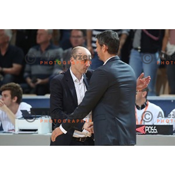 Jure Zdovc and Jurica Golemac shake hands after first game of the Final of Nova KBM League basketball match between Sixt Primorska and Petrol Olimpija in Bonifika Arena,Koper, Slovenia on May 18, 2019