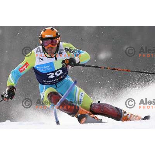Mitja Valencic skiing in first run of Europa Cup slalom in Kranjska gora, Slovenia 15.2.2008 