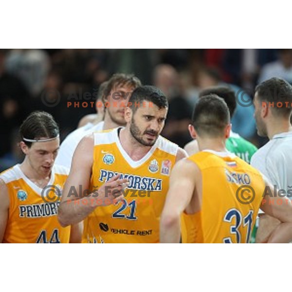 Marko Jagodic Kuridza and Zan Mark Sisko in action during first game of the Final of Nova KBM League basketball match between Sixt Primorska and Petrol Olimpija in Bonifika Arena,Koper, Slovenia on May 18, 2019