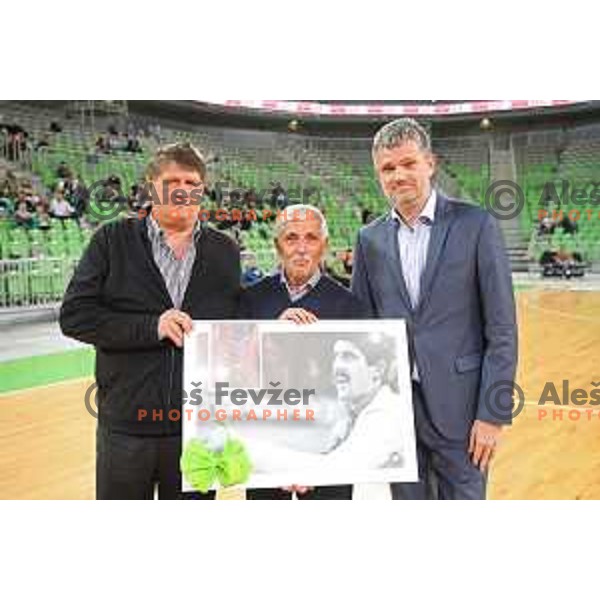 Roman Lisac, Janez Drvaric and Tomaz Berlocnik during second game in The Final of Nova KBM League basketball match between Petrol Olimpija and Sixt Primorska in Arena Stozice, Ljubljana, Slovenia on May 21, 2019