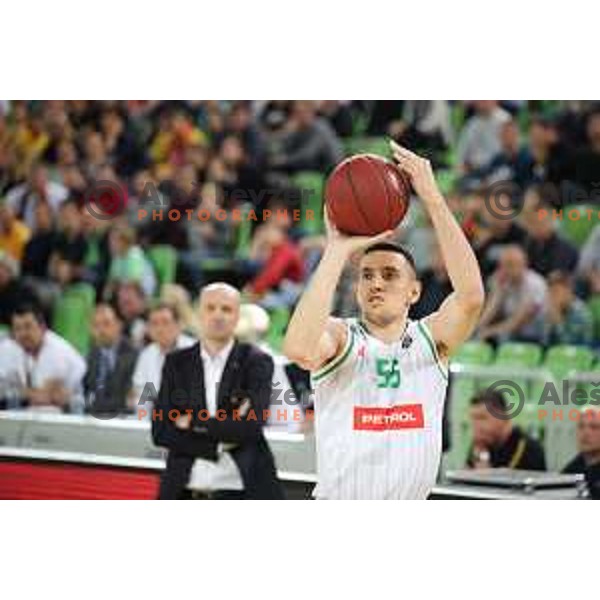 Erjon Kastrati in action during second game in The Final of Nova KBM League basketball match between Petrol Olimpija and Sixt Primorska in Arena Stozice, Ljubljana, Slovenia on May 21, 2019