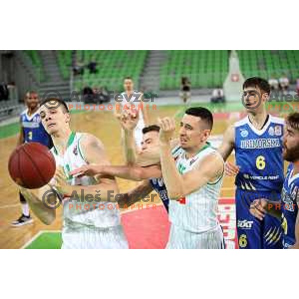 Marko Simonovic, Zan Mark Sisko and Erjon Kastrati in action during second game in The Final of Nova KBM League basketball match between Petrol Olimpija and Sixt Primorska in Arena Stozice, Ljubljana, Slovenia on May 21, 2019
