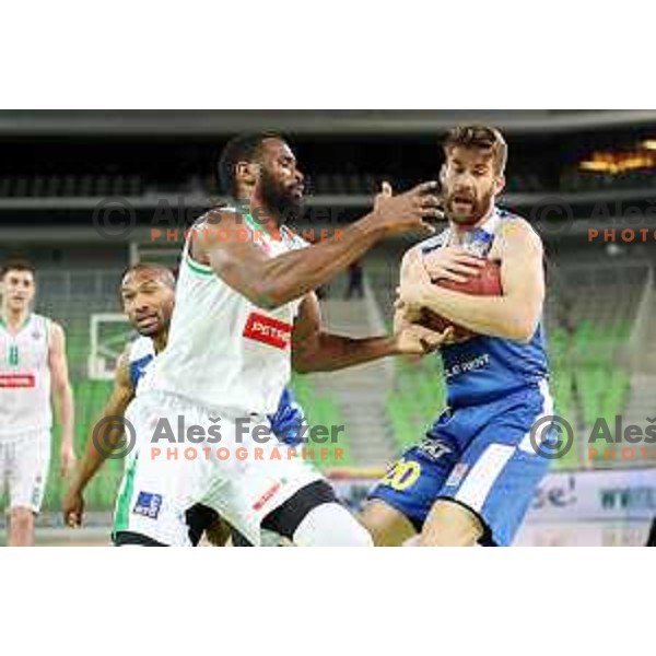 Marvin Jones and Alen Hodzic in action during second game in The Final of Nova KBM League basketball match between Petrol Olimpija and Sixt Primorska in Arena Stozice, Ljubljana, Slovenia on May 21, 2019