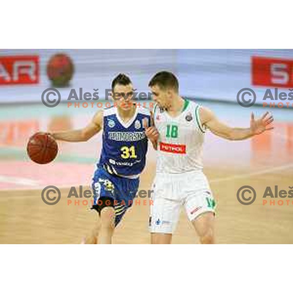 Zan MArk Sisko and Roko Badzim in action during second game in The Final of Nova KBM League basketball match between Petrol Olimpija and Sixt Primorska in Arena Stozice, Ljubljana, Slovenia on May 21, 2019