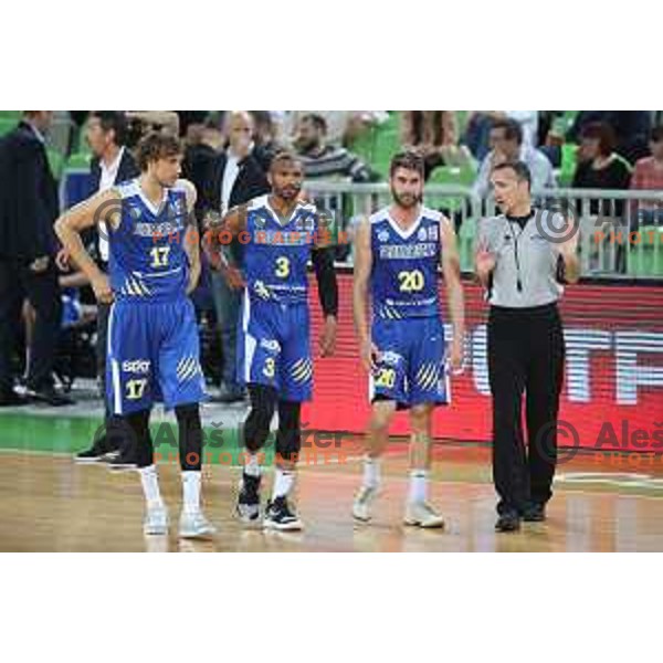 Ivan Marinkovic, Lance Harris and Alen Hodzic in action during second game in The Final of Nova KBM League basketball match between Petrol Olimpija and Sixt Primorska in Arena Stozice, Ljubljana, Slovenia on May 21, 2019