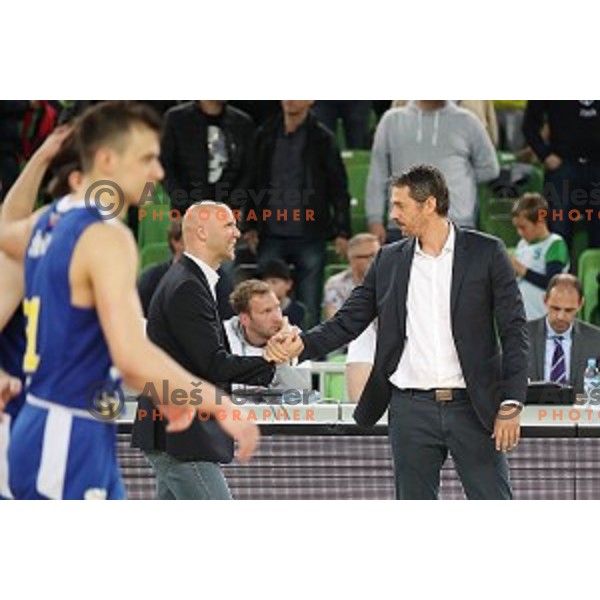 Andrej Zakelj and Jurica Golemac in action during second game in The Final of Nova KBM League basketball match between Petrol Olimpija and Sixt Primorska in Arena Stozice, Ljubljana, Slovenia on May 21, 2019