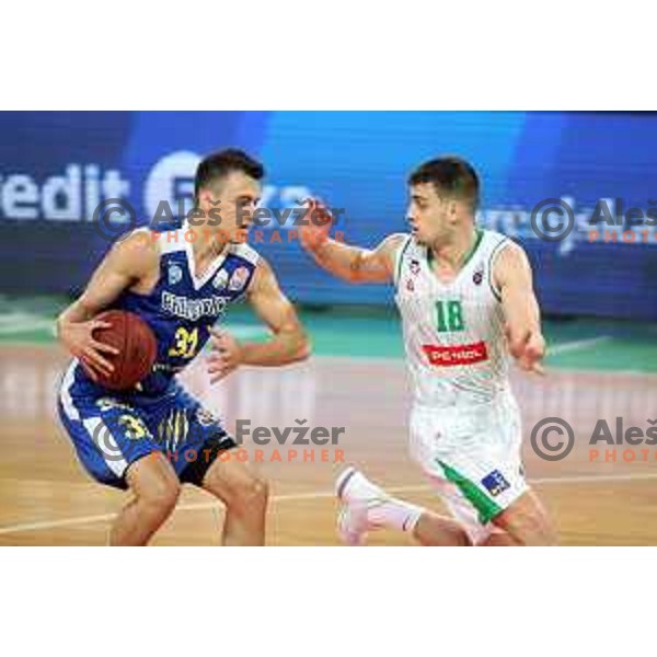 Zan MArk Sisko and Roko Badzim in action during second game in The Final of Nova KBM League basketball match between Petrol Olimpija and Sixt Primorska in Arena Stozice, Ljubljana, Slovenia on May 21, 2019