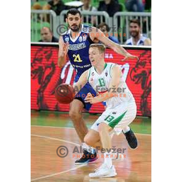 Marko Jagodic Kuridza and Miha Lapornik in action during second game in The Final of Nova KBM League basketball match between Petrol Olimpija and Sixt Primorska in Arena Stozice, Ljubljana, Slovenia on May 21, 2019