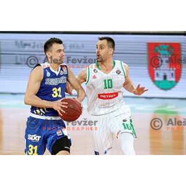 Zan Mark Sisko and Domen Lorbek in action during second game in The Final of Nova KBM League basketball match between Petrol Olimpija and Sixt Primorska in Arena Stozice, Ljubljana, Slovenia on May 21, 2019
