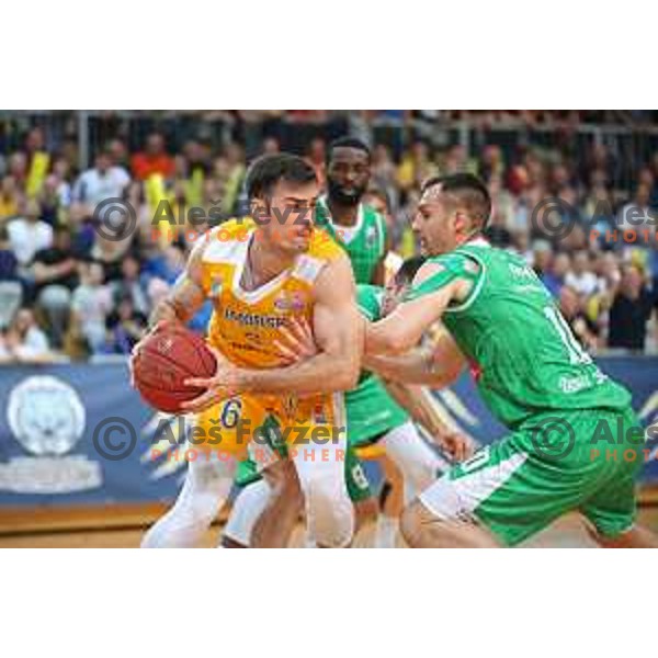 Marjan Cakarun and Domen Lorbek in action during third game of The Final of Nova KBM League basketball match between Sixt Primorska and Petrol Olimpija in Bonifika Arena,Koper, Slovenia on May 24, 2019