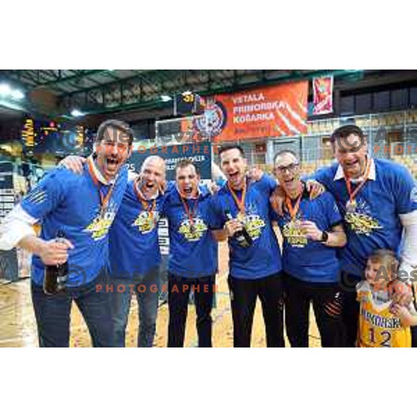 Jurica Golemac, Andrej Zakelj ans staff after third game of The Final of Nova KBM League basketball match between Sixt Primorska and Petrol Olimpija in Bonifika Arena,Koper, Slovenia on May 24, 2019