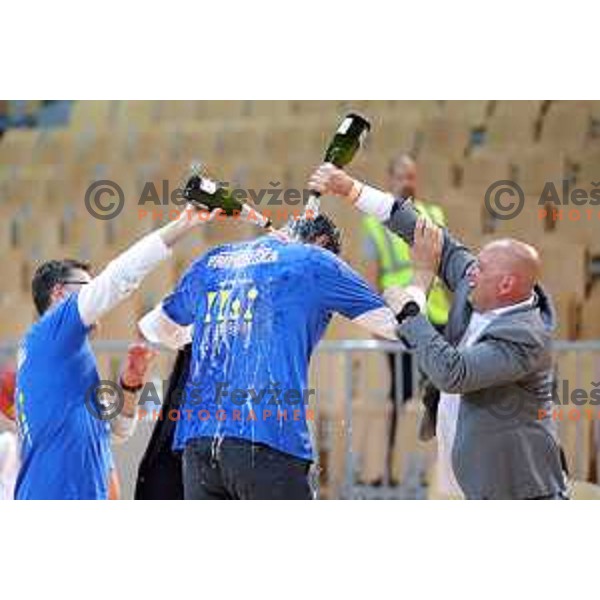 Jurica Golemac washed with sparkling wine from Klemen Pur after third game of The Final of Nova KBM League basketball match between Sixt Primorska and Petrol Olimpija in Bonifika Arena,Koper, Slovenia on May 24, 2019