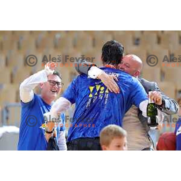 Jurica Golemac washed with sparkling wine from Klemen Pur after third game of The Final of Nova KBM League basketball match between Sixt Primorska and Petrol Olimpija in Bonifika Arena,Koper, Slovenia on May 24, 2019
