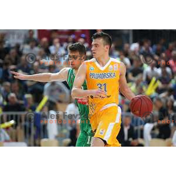 Zan Mark Sisko in action during third game of The Final of Nova KBM League basketball match between Sixt Primorska and Petrol Olimpija in Bonifika Arena,Koper, Slovenia on May 24, 2019