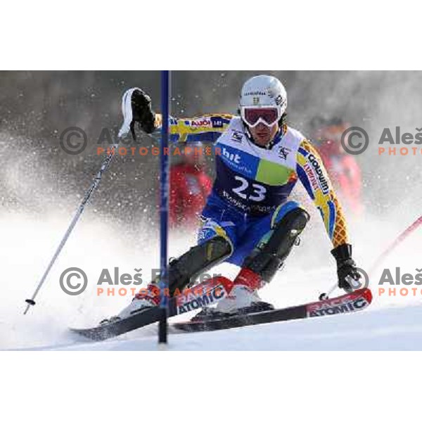 Markus Larsson skiing in second run of Europa Cup slalom in Kranjska gora, Slovenia 15.2.2008 