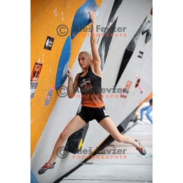 Janja Garnbret during semi-final of Triglav The Rock boulder climbing competition in Ljubljana on May 25, 2019
