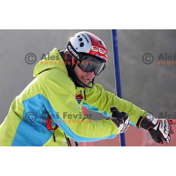 Mitja Dragsic at course inspection before second run of Europa Cup slalom in Kranjska gora, Slovenia 15.2.2008 