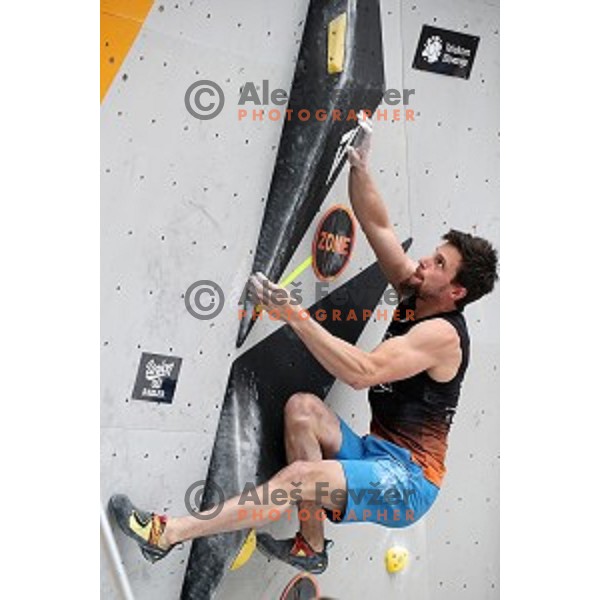 Jernej Kruder during semi-final of Triglav The Rock boulder climbing competition in Ljubljana on May 25, 2019