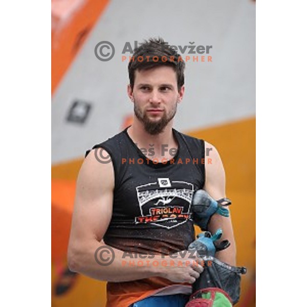 Jernej Kruder during semi-final of Triglav The Rock boulder climbing competition in Ljubljana on May 25, 2019