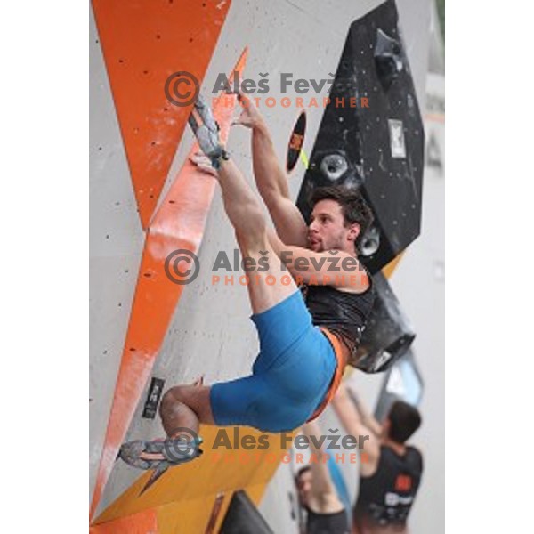 Jernej Kruder during semi-final of Triglav The Rock boulder climbing competition in Ljubljana on May 25, 2019