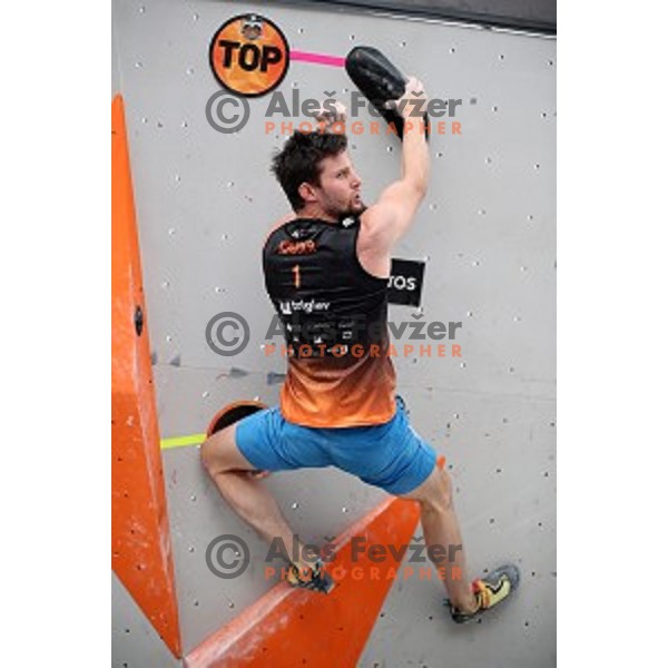Jernej Kruder during semi-final of Triglav The Rock boulder climbing competition in Ljubljana on May 25, 2019