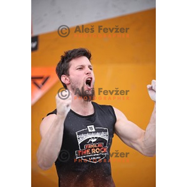 Jernej Kruder during semi-final of Triglav The Rock boulder climbing competition in Ljubljana on May 25, 2019