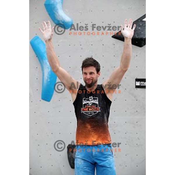 Jernej Kruder during semi-final of Triglav The Rock boulder climbing competition in Ljubljana on May 25, 2019