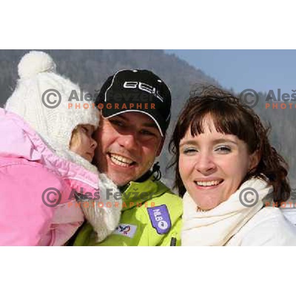 Mitja Dragsic with his wife and dautgher Lina after second run of Europa Cup slalom in Kranjska gora, Slovenia 15.2.2008 