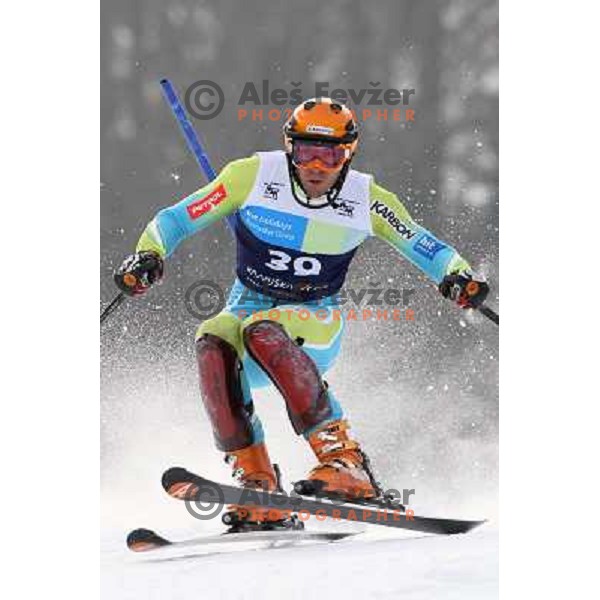 Mitja Valencic skiing in first run of Europa Cup slalom in Kranjska gora, Slovenia 15.2.2008 